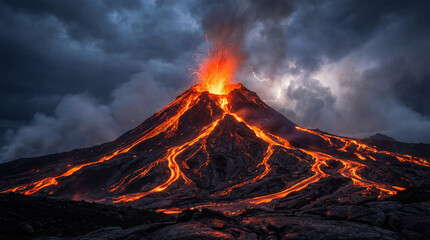 Erupting volcano with glowing lava flows beneath dramatic storm clouds.