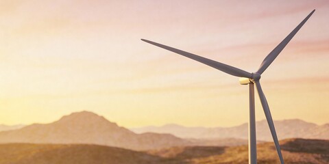 Wind turbine generating renewable energy at sunrise over mountain landscape with copy space.