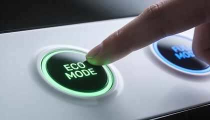 Finger pressing eco mode button on modern device control panel for energy saving and efficiency.