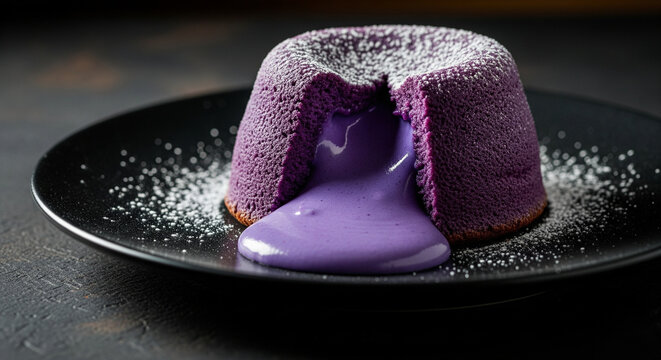Ube lava cake with flowing purple center, dark plate, dramatic lighting, luxury dessert photography