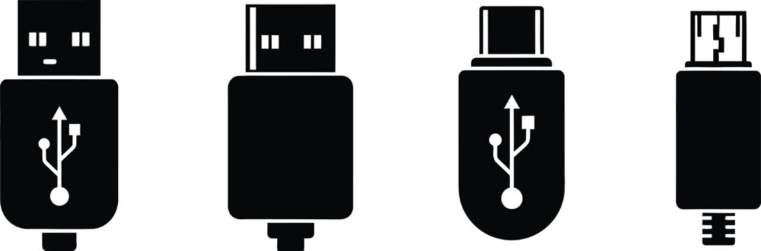 Four distinct usb connector types displayed in a black silhouette on transparent background