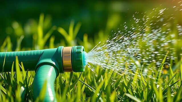 Green garden hose kinked, spraying water on sunlit grass.