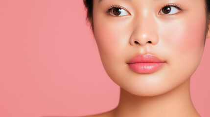 Fototapeta premium Close-Up Korean Beauty Portrait on Soft Pink Background with Copy Space