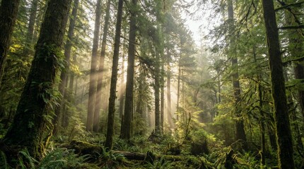 Fototapeta premium Sunbeams through lush temperate rainforest background with mossy trees and ferns.