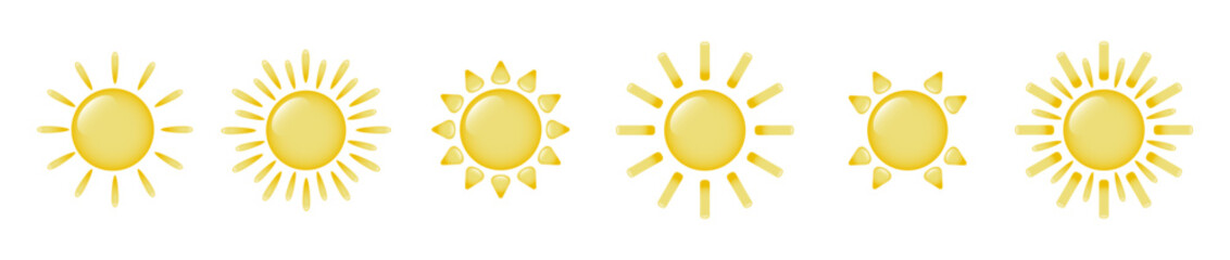A set of cartoon suns. Six sun icons with different rays on a white background. Retro logo in the form of a semicircle with radial rays. Vector EPS 10.