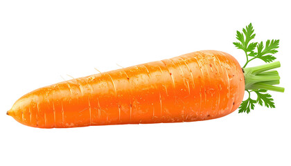 Orange carrot with attached green leafy top lying flat on black background