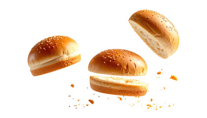 Three shiny, halved burger buns sprinkled with sesame seeds, floating against a black background