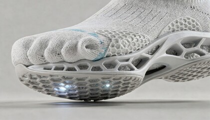 Detailed view of forefoot pad prototype in 3Dprinted socks illustrating customized cushioning and flexible structure through precise additive manufacturing methods.