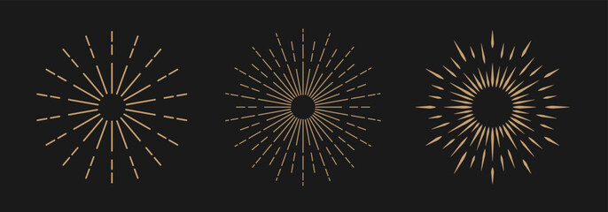 A set of three sunbursts on a dark background. The sun and the sun rays in vintage style. A collection of starbursts, logos. Vector illustration.