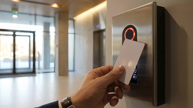 Person Accessing Building with Smart Card at Security Terminal in Modern Interior
