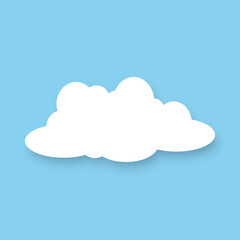 A white cloud on a blue background. Cartoon fluffy white and cumulus cloud. A design element. Vector illustration.