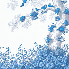 Elegant blue and white chinoiserie botanical illustration featuring an old tree with flowers and birds. Classic vintage style for high-end wall art, luxury textiles, and home decor design.