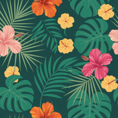 Seamless tropical pattern featuring pink and yellow hibiscus flowers with monstera and palm leaves. Vibrant exotic botanical vector illustration on dark teal for summer fashion and decor.