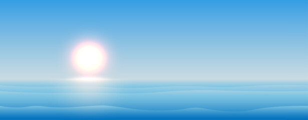 A summer landscape with a blue sea or ocean with a sunny blue sky. Vector illustration.