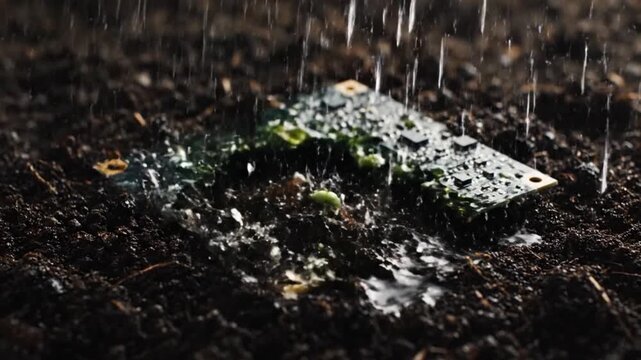 Computer chip transforming into green plant sprout under rain