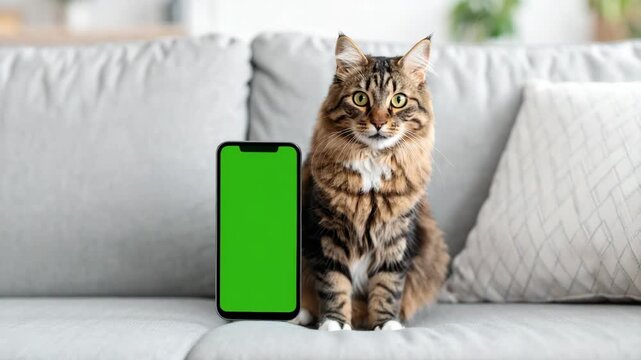 Fluffy tabby cat sitting next to a phone with a green screen on a light grey couch in a bright room, perfect for advertising or showcasing mobile apps