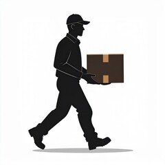 Silhouette Of A Delivery Person Walking With A Cardboard Box Package In Hand And Cap On Head
