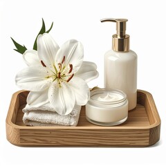 Delicate White Lily and Spa Products on Wooden Tray Featuring Dispenser Cream Jar and Folded Towels with Soft Lighting and Clean Background