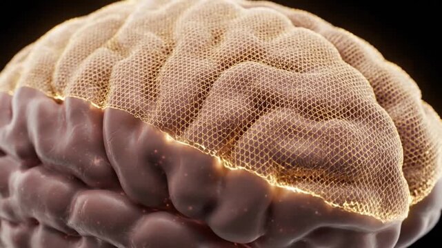 Human brain covered by glowing golden digital network mesh