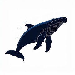 Majestic Dark Blue Whale Breaching in White Water Splashes Against a Clean White Background