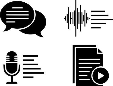 Set of audio transcript text vector icons isolated on white background. Vector illustration. Black flat design
