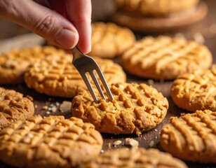 Close up of a person's hand using a fork to pick up a peanut butter cookie with a textured surface on a wooden table with crumbs scattered around