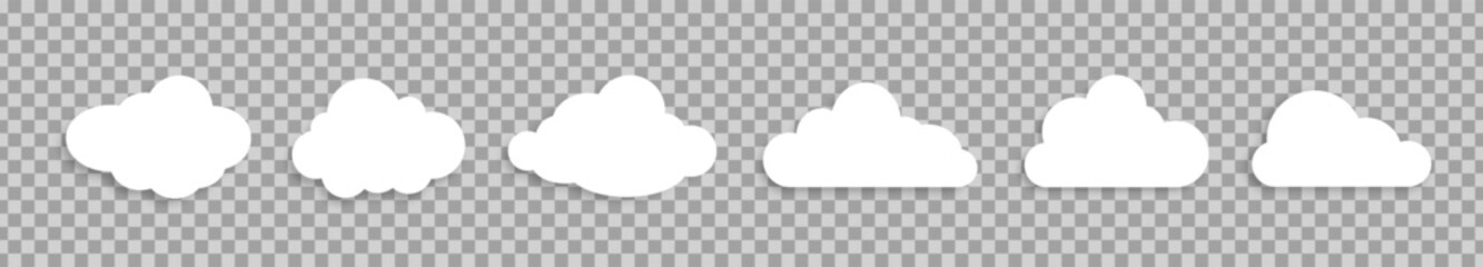 A set of cloud icons of different shapes with shadows on a transparent background. Design elements for weather forecasting, comics, children's books, web interface or cloud applications for data