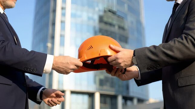 Two Businessmen in Suits Passing Orange Hard Hat in Front of Modern Building Under Clear Sky