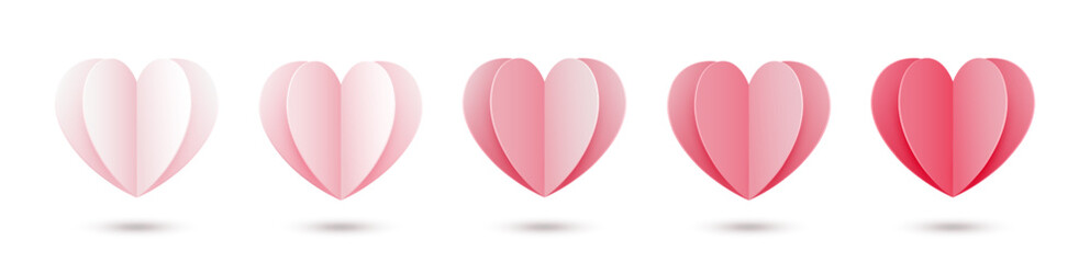 A set of pink hearts with a shadow on a white background. 3d hearts for Valentine's Day, Mother's Day, wedding. Vector illustration.
