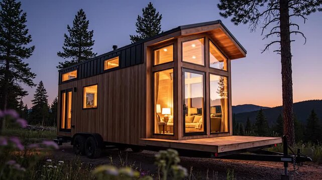 Tiny home with wood exterior and large windows, on a trailer, set in a natural outdoor scene at twilight