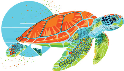 Colorful sea turtle illustration with orange shell and green flippers swimming against a blue sun, vibrant ocean wildlife vector isolated on white © Shilpi