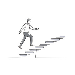Man walks up stairs towards success in simple black and white sketch graphic illustration