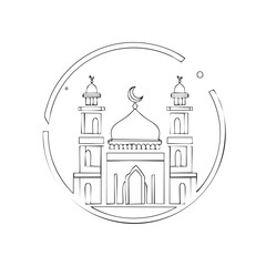 Line Drawing of Islamic Mosque with Minarets and Crescent Moon inside of a Circle for Ramadan and Eid Greetings