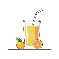 Fresh Orange Juice in Glass with Straw and Sliced Orange Fruit Minimalist Illustration