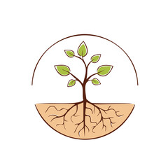 Young Tree Sprout with Roots Logo Design in Circle Growing from Ground Illustration
