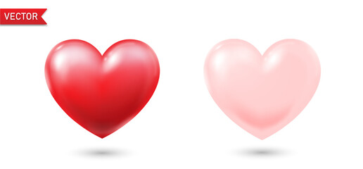 A set of two three-dimensional red and pink hearts with highlights and shadows on a white background. 3d hearts for Valentine's Day, Mother's Day, wedding. Vector EPS 10.