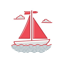Minimalist Sailboat Illustration with Waves and Clouds in Red and Gray, Nautical Design