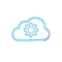 Cloud computing icon with cogwheel inside, representing technology, innovation, data processing, and server infrastructure operations, digital design, and storage.