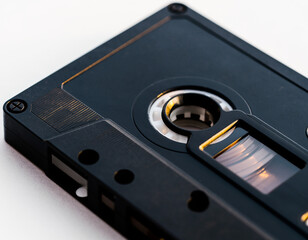 Obraz premium High-Angle Macro of a Vintage Black Audio Cassette Tape on a White Minimalist Background