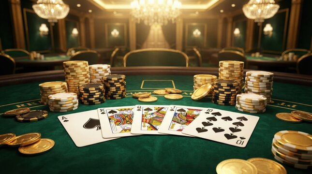 Casino poker table with chips,playing cards and golden coins,showing royal flush winning hand in luxurious gambling environment,perfect for gaming or luck concepts