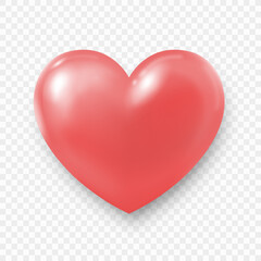 A three-dimensional coral heart with highlights and shadows on a transparent background. A heart icon for your design. The concept of Valentine's Day, love. Vector EPS 10.