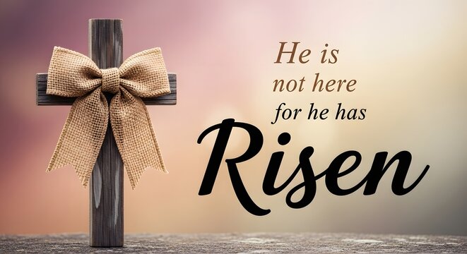 Wooden cross with burlap bow and Easter resurrection text He is not here for he has Risen ribbon