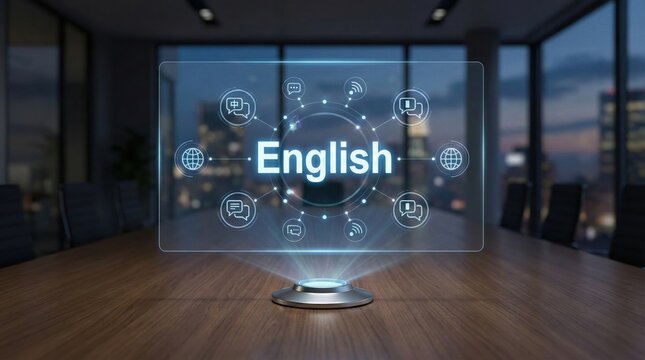 English language learning concept with holographic communication icons,global education and translation in digital classroom