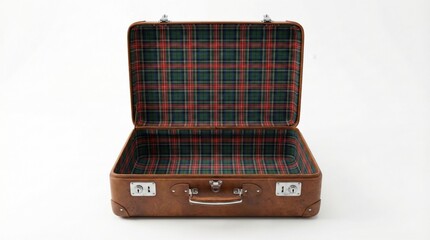 Vintage suitcase with open lid showing red plaid interior pattern,classic travel baggage isolated on white background,retro style luggage for nostalgic journeys