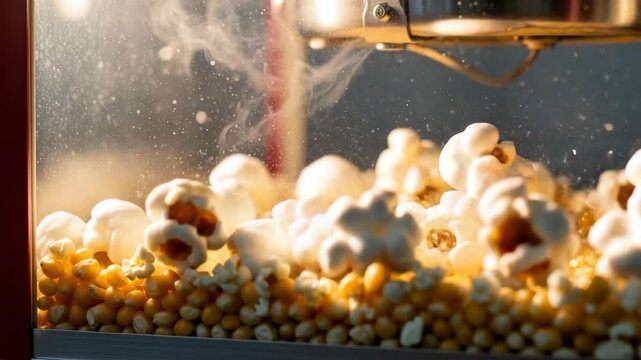 Popping corn kernels in a machine creates a fun and tasty snack during family time at home in the evening