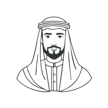 Arab Man Portrait in Traditional Headdress Outline Isolated Vector Illustration