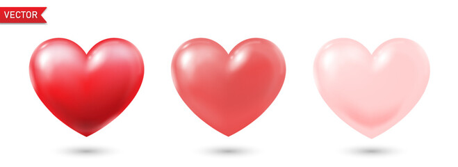 A set of three three-dimensional red and pink hearts with highlights and shadows on a white background. 3d hearts for Valentine's Day, Mother's Day, wedding. Vector illustration.