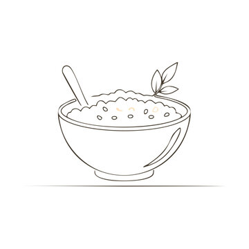 Cereal Bowl Line Art Breakfast Cereal Bowl Spoon and Leaf Simple Single Outline