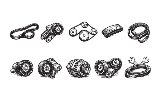 Hand-drawn illustration of various car parts, including belts, tensioners, and an alternator on white, useful for auto repair and design projects.
