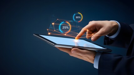 A professional business person interacts with a futuristic digital interface on a tablet device in a dark blue environment from a close-up viewpoint.